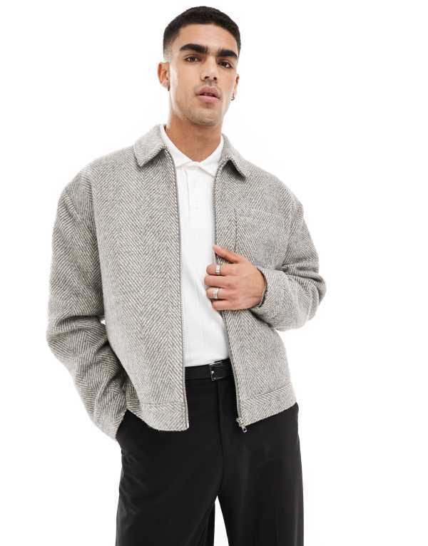 エイソス メンズ アウター ジャケット・ブルゾン ウール ジャケット ASOS DESIGN oversized wool look harrington jacket with herringbone Gray グレー