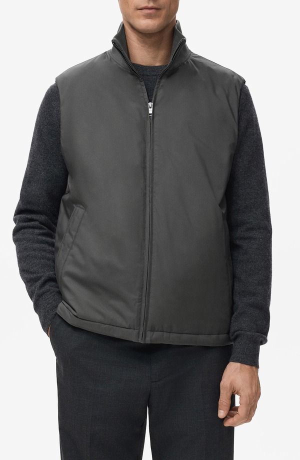 マンゴ メンズ アウター ジャケット・ブルゾン キルティング リブ ベスト MANGO Quilted Ribbed Collar Vest Grey グレー
