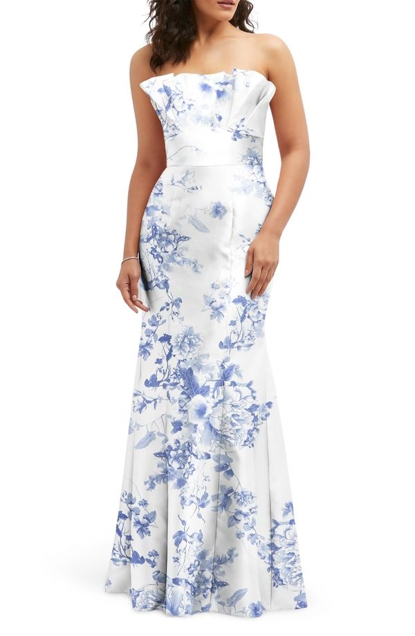 アルフレッド レディース トップス ワンピース フラワー柄 フリル ストラップレス フラワー Alfred Sung Floral Ruffle Strapless Trumpet Gown Cottage RoseLarkspur Print