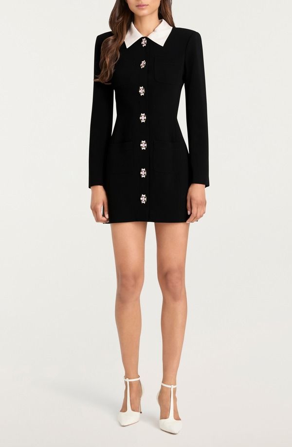 サンク セプト レディース トップス ワンピース ミニ コート Cinq Sept Sheryl Crystal Button Long Sleeve Coat Minidress Black Ivory アイボリー
