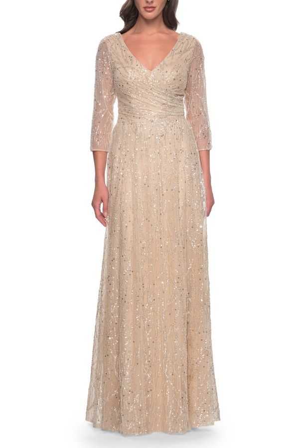 ラフェム レディース トップス ワンピース ギャザー スパンコール La Femme Beaded Sequin Dress with Ruched Waist and V Neckline Champagne シャンパン