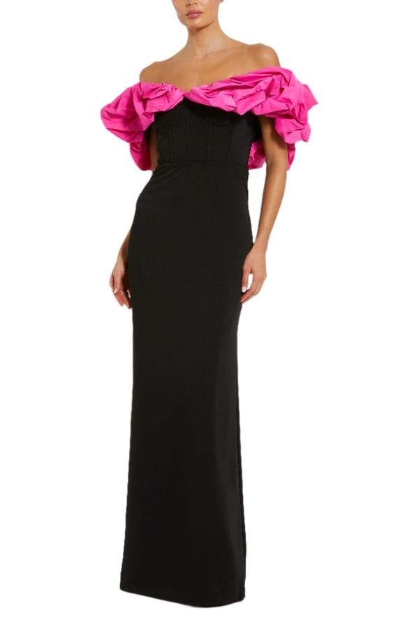 マックダガル レディース トップス ワンピース クレープ Mac Duggal Crepe Faille Off The Shoulder Gown Black Hot Pink ブラック
