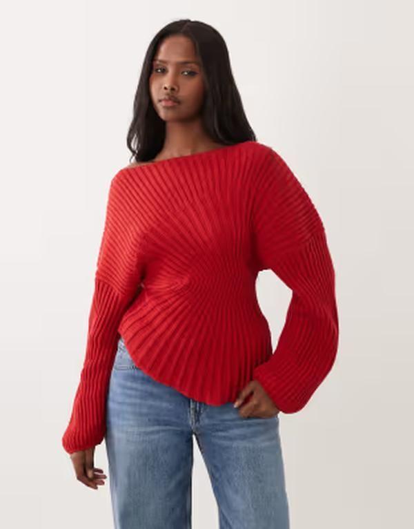 エイソス レディース アウター ニット・セーター ウエストマーク プリーツ ASOS DESIGN knit cinched waist pleated sweatered レッド