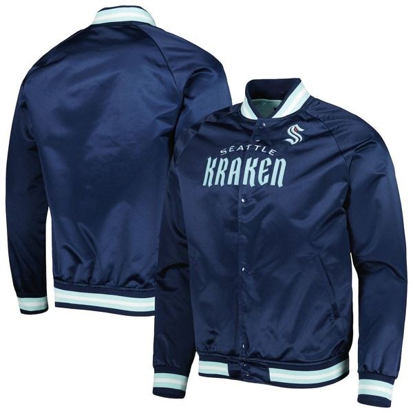 ミッチェルネス メンズ アウター ジャケット・ブルゾン サテン Mens Mitchell Ness Deep Sea Blue Seattle Kraken Satin FullSnap Raglan Varsity Jacket Navy ネイビー