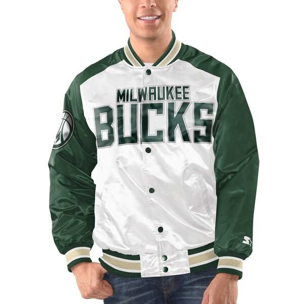 スターター メンズ アウター ジャケット・ブルゾン サテン Menstarter WhiteHunter Green Milwaukee Bucks Renegade Satin FullSnap Varsity Jacket White ホワイト