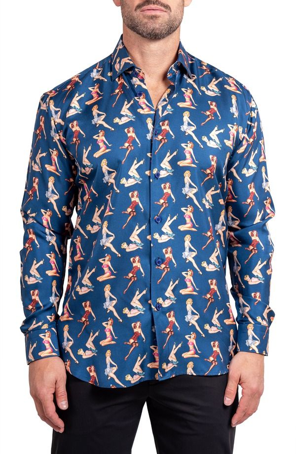 マセオ メンズ トップス シャツ プリント Maceoo Fibonacci Ascension 0220 PinUprint Contemporary Fit ButtonUp Shirt Blue ブルー