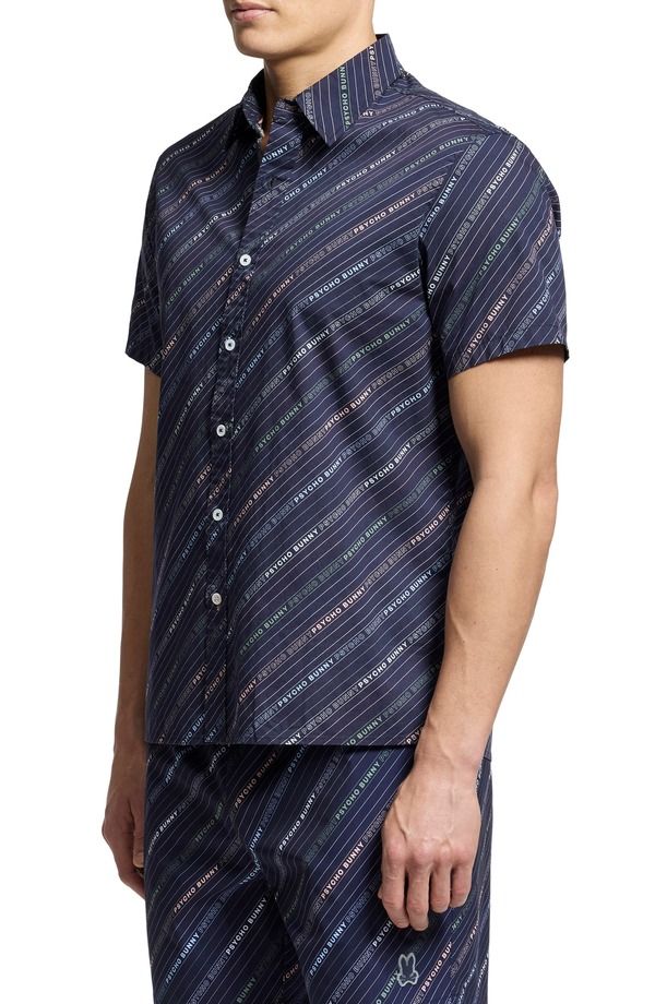 サイコバニー メンズ トップス シャツ Psycho Bunny Renmark Short Sleeve Stretch Poplin Woven ButtonUp Shirt Evening Blue ブルー