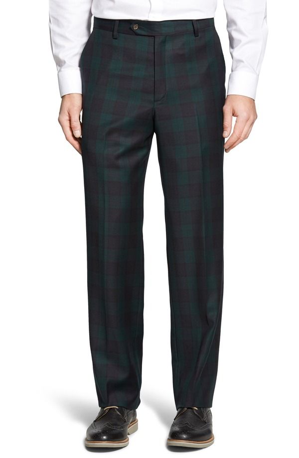 ベール メンズ ボトムス カジュアルパンツ ウール Berle Touch Finish Flat Front Classic Fit Plaid Wool Trousers Green グリーン