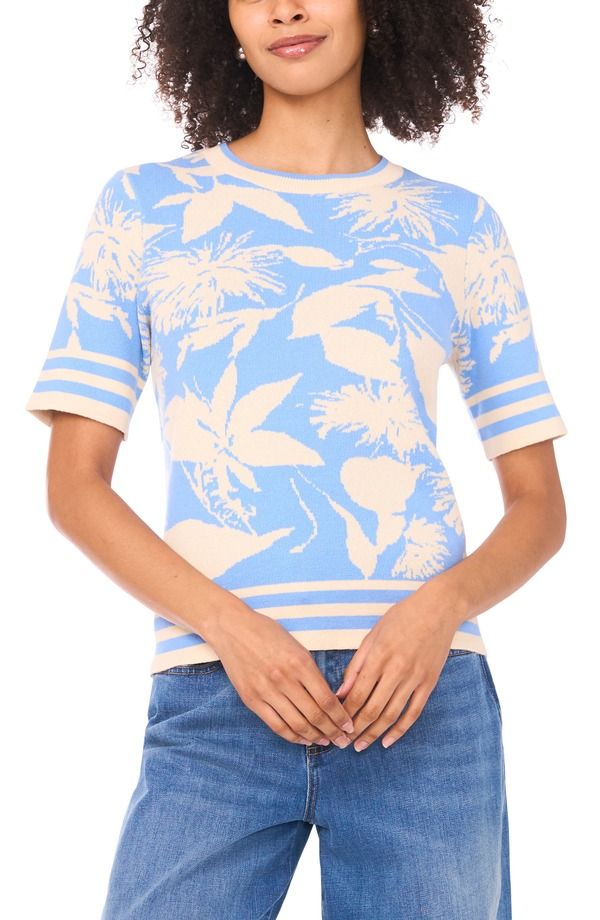 ヴィンスカムート レディース アウター パーカー・スウェット フラワー柄 セーター コットン フラワー Vince Camuto Floral Jacquard Cotton Sweater Cerulean Sky