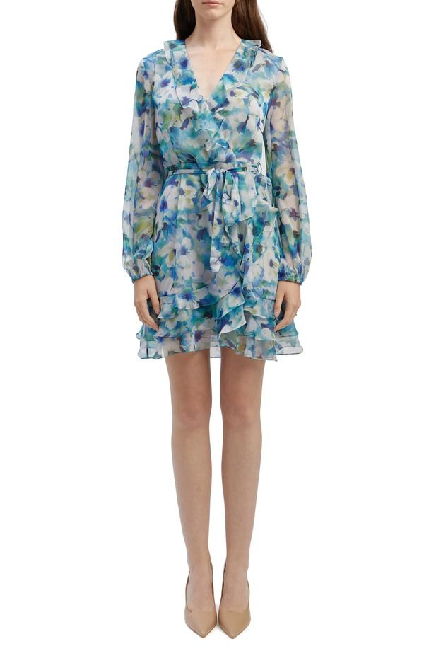 バードット レディース トップス ワンピース シフォン フリル ミニ Bardot Ruffle Long Sleeve Faux Wrap Chiffon Minidress Blue Floral ブルー
