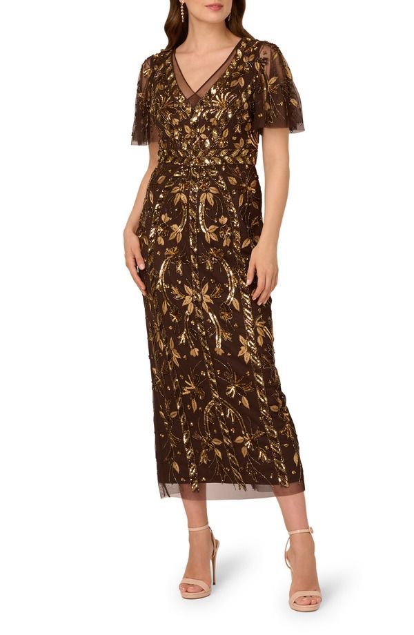 アドリアナ パペル レディース トップス ワンピース Adrianna Papell Embellished Flutter Sleeve Cocktail Dress Chocolate チョコレート