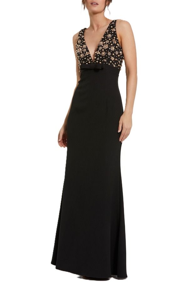 マックダガル レディース トップス ワンピース Vネックレープ ノースリーブ Mac Duggal Crepe Sleeveless Beaded V Neck Gown With Bow Black ブラック
