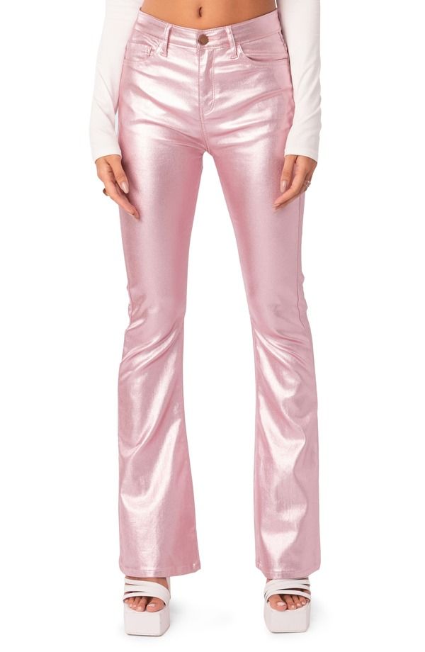 アディクテッド レディース ボトムス レギンス フレア パンツ レザー フェイクレザー EDIKTED Luna Faux Leather Flare Leg Pants MetallicPink ピンク