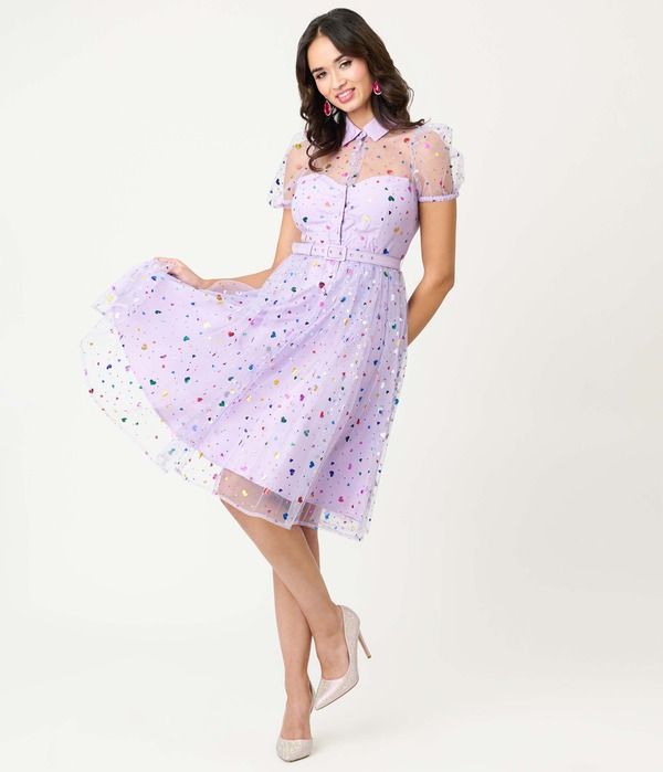 ユニークビンテージ レディース トップス ワンピース Unique Vintage 1950short Sleeve Collared Hollie Swing Dress Purple Heart Confetti パープル