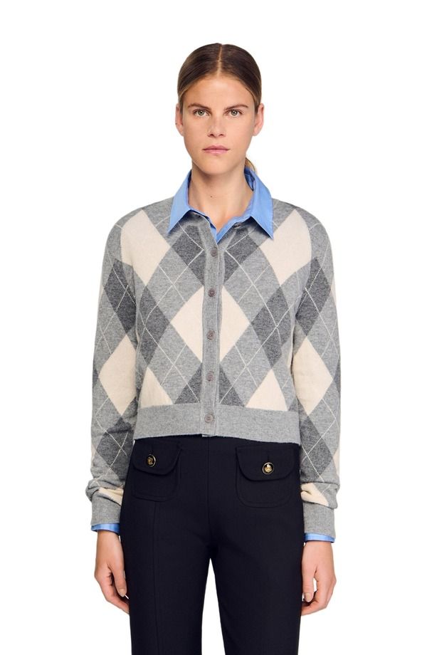 サンドロ レディース アウター パーカー・スウェット カーディガン SANDRO Argyle pattern cardigan Grey グレー