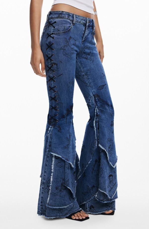 デジグアル レディース ボトムス デニムパンツ ジーンズ Desigual Cartoon Pattern Flare Jeans Blue ブルー