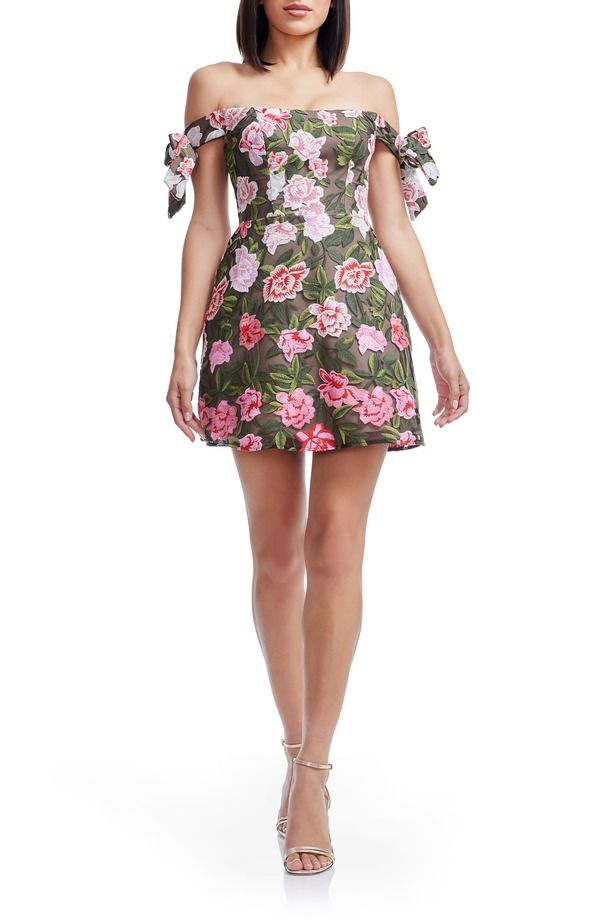 ドレスザポプレーション レディース トップス ワンピース フラワー柄 ミニ 刺繍 フラワー Dress the Population Meris Floral Embroidered Off the Shoulder Minidress Pink Rose M