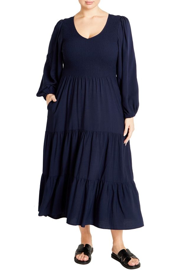 シティーシック レディース トップス ワンピース ティアード マキシ City Chic Athena Freya Long Sleeve Tiered Maxi Dress Navy ネイビー