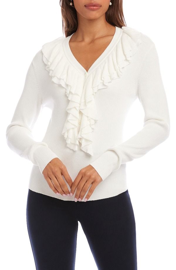 カレンケーン レディース アウター パーカー・スウェット Vネック フリル セーター Karen Kane Ruffle VNeck Sweater Off White オフホワイト
