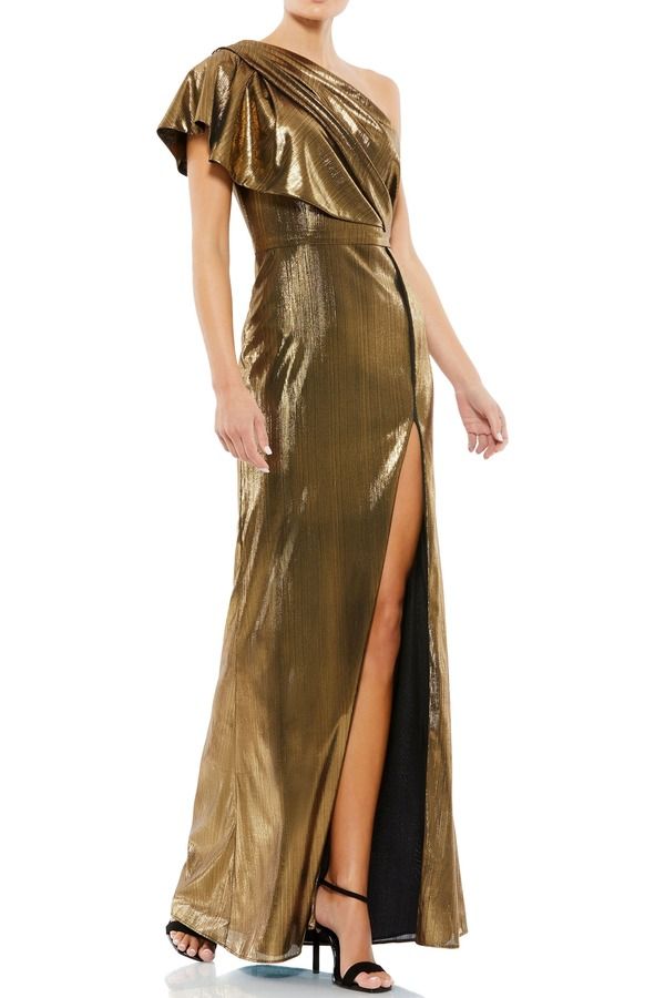 マックダガル レディース トップス ワンピース フリル トール Mac Duggal Ruffled One Shoulder Metallic Eveningown Bronze メタリック