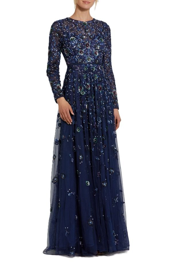 マックダガル レディース トップス ワンピース A ライン ハイネック Mac Duggal Embellished High Neck Long Sleeve A Line Gownavy ネイビー