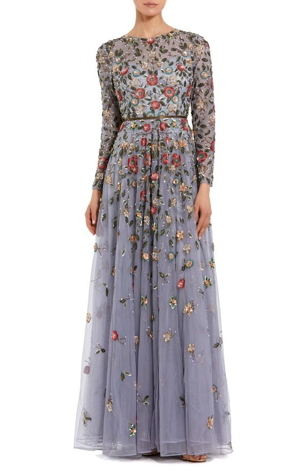 マックダガル レディース トップス ワンピース A ライン ハイネック Mac Duggal Embellished High Neck Long Sleeve A Line Gown Grey Multi グレー