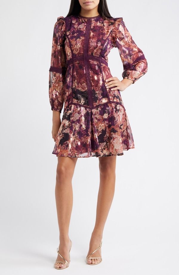 エリザジェイ レディース トップス ワンピース レーストリム レース Eliza J Lace Trim Long Sleeve Trapeze Dress Wine Multi ワイン