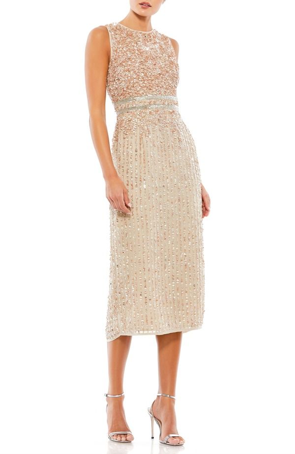 マックダガル レディース トップス ワンピース ハイネック ミディ ノースリーブ Mac Duggal Sleeveless High Neck Beaded Midi Sheath Dress Nude