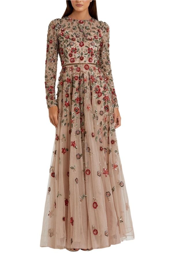 マックダガル レディース トップス ワンピース A ライン ハイネック Mac Duggal Embellished High Neck Long Sleeve A Line Gown Antique Rose