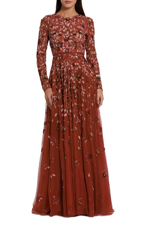 マックダガル レディース トップス ワンピース A ライン ハイネック Mac Duggal Embellished High Neck Long Sleeve A Line Gown Cinnamon