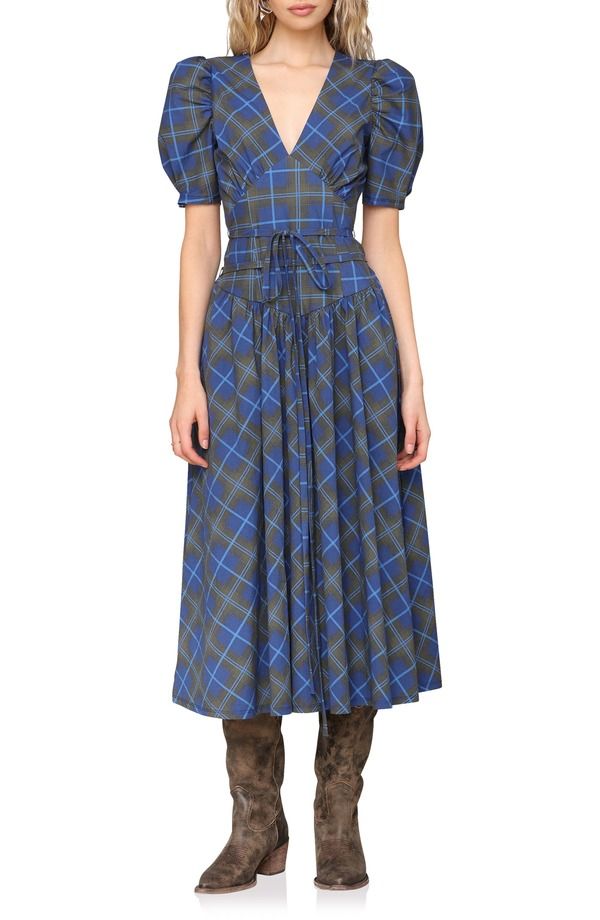 アヴェックレフィーユ レディース トップス ワンピース ミディ コットン Avec Les Filles Plaid Puff Sleeve Tie Belt Stretch Cotton Midi Dress Olive And Blue Plaid ブルー