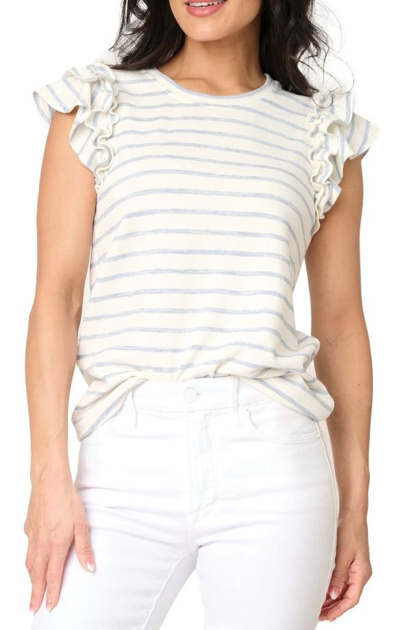 ギブソンルック レディース トップス シャツ フリル キャップ GIBSONLOOK Butterfly Stripe Ruffle Cap Sleeve Top Chambray Blue Stripe ブルー
