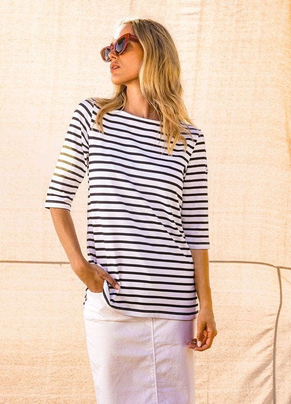 セイントジェームス レディース トップス シャツ Saint James PHARE Boat Neck Striped UV Fabric Tunic with Slits WhiteNavy ホワイト
