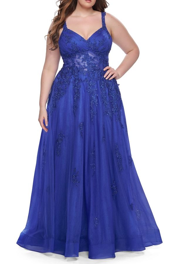 ラフェム レディース トップス ワンピース チュール A ライン レース La Femme Lacembellished Tulle ALine Dress with Illusion Back Royal Blue ブルー
