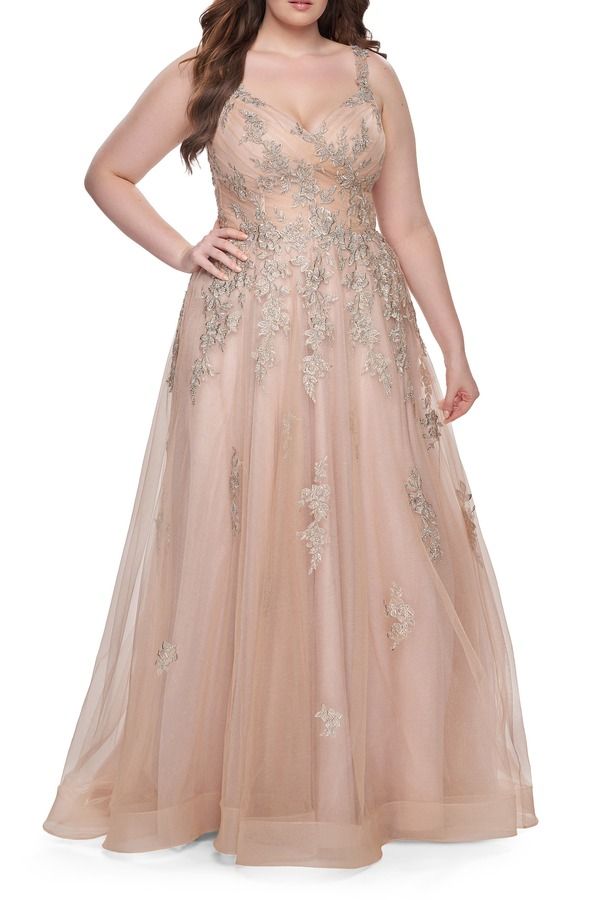 ラフェム レディース トップス ワンピース チュール A ライン レース La Femme Lacembellished Tulle ALine Dress with Illusion Back Champagne シャンパン