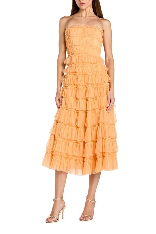 マックダガル レディース トップス ワンピース フリル メッシュ ミディ ストラップレス Mac Duggal Solid Mesh Micro Ruffle Strapless Midi Dressherbet