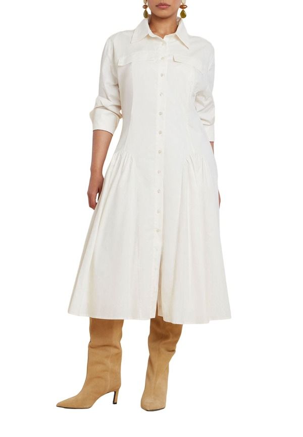 エロクイ レディース トップス ワンピース ELOQUII Shirred Godet Flare Poplin Dress Jet Stream