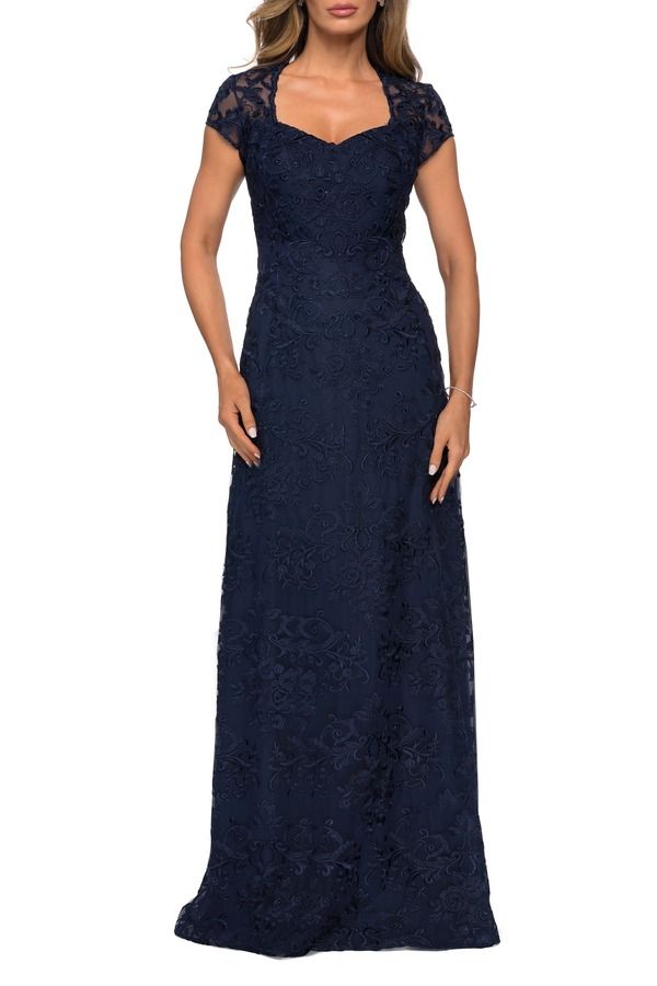 ラフェム レディース トップス ワンピース フラワー柄 キャップ フラワー La Femme Cap Sleeve Floral Gown with Sweetheart Neckline Navy ネイビー