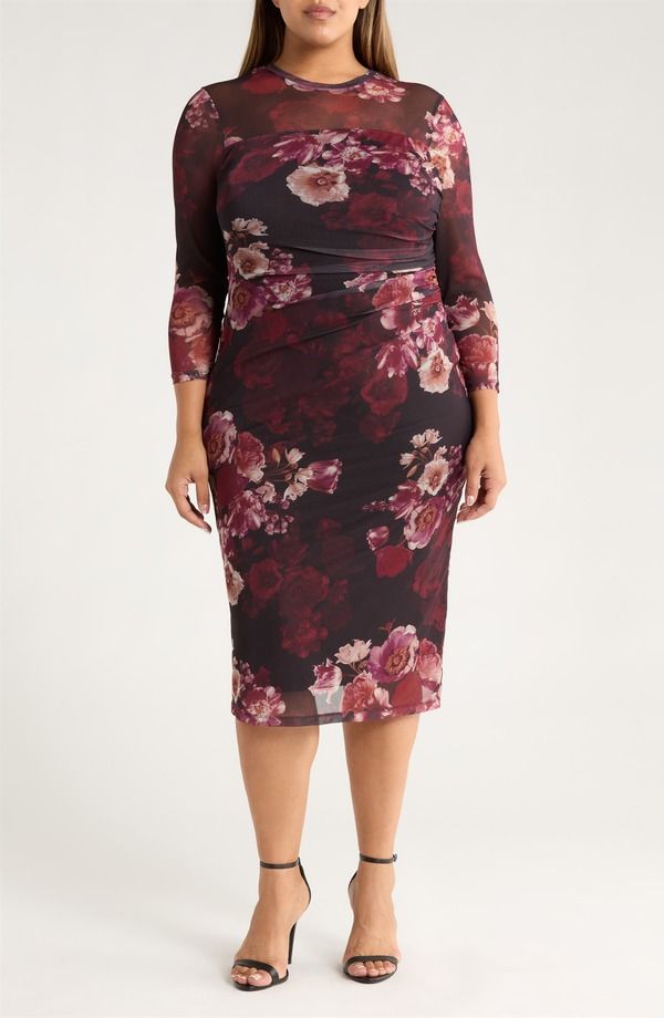 アンクライン レディース トップス ワンピース ギャザー ミディ Anne Klein Ruched Long Sleeve Illusioneck Midi Dress Midnight Chianti Multi マルチカラー 29,120円
