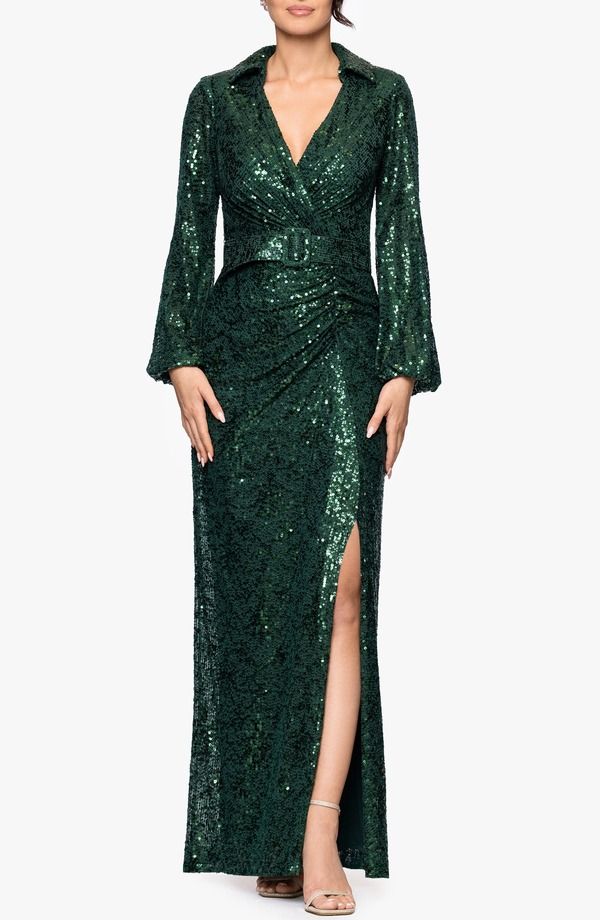 ベッツィアンドアダム レディース トップス ワンピースパンコール Betsy Adam Sequin Collar Long Sleeve Gown Pine
