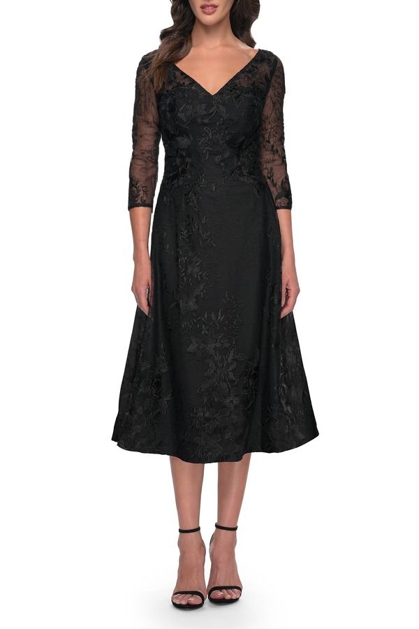 ラフェム レディース トップス ワンピース La Femme Stylish Tea Length Mother of the Bride Dress with Sleeves Black ブラック