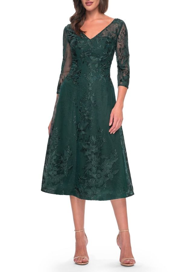 ラフェム レディース トップス ワンピース La Femme Stylish Tea Length Mother of the Bride Dress with Sleeves Dark Emerald エメラルド