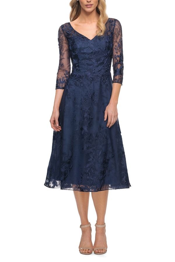 ラフェム レディース トップス ワンピース La Femme Stylish Tea Length Mother of the Bride Dress with Sleeves Navy ネイビー