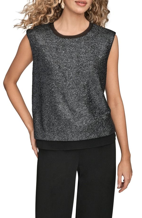 ダナ キャラン ニューヨーク レディース トップス シャツ トール ノースリーブ Donna Karanew York Metallic Sleeveless Top Black Iridescent ブラック