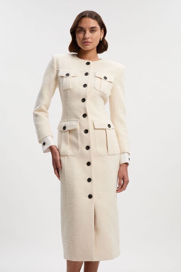 カレンミレン レディース トップス ワンピース ミディ Karen Millen Tailored Pocket Front Midi Dress Cream クリーム