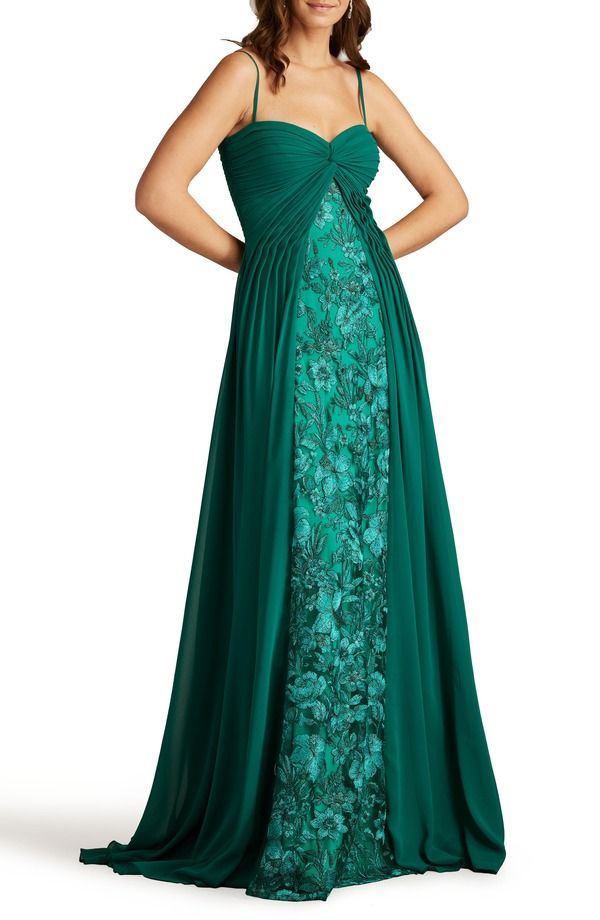 タダシショージ レディース トップス ワンピース 刺繍 Tadashi Shoji Mixed Media Embroidered Gown Emerald エメラルド