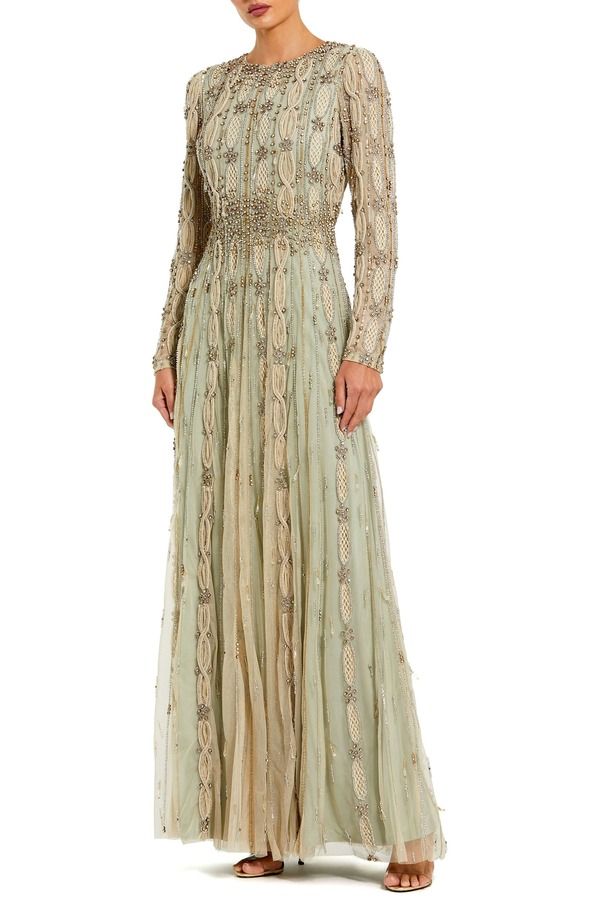 マックダガル レディース トップス ワンピース A ライン メッシュ Mac Duggal Embellished Mesh Long Sleeve A Line Gown LightPastel Green グリーン
