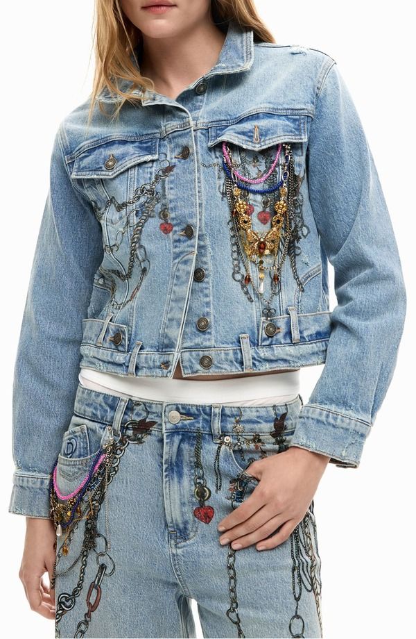 デジグアル レディース ボトムス デニムパンツ ジャケット Desigual Embellishedenim Trucker Jacket Medium Blue ブルー