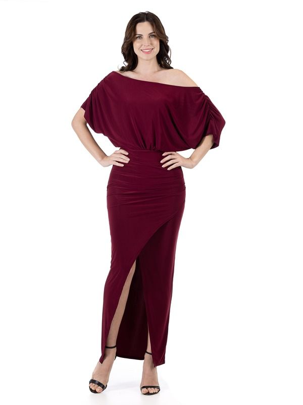 24 セブンコンフォート レディース トップス ワンピース マキシ 24seven Comfort Apparel Boat Neck Batwing Sleeve Slit Maxi Dress Burgundy バーガンディ