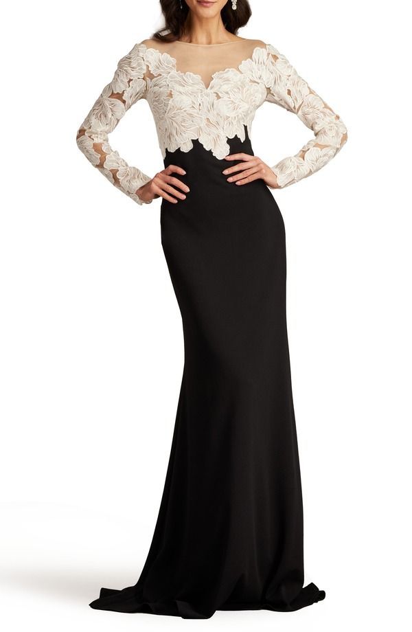 タダシショージ レディース トップス ワンピース フラワー柄 レース フラワー Tadashi Shoji Floralace Bodice Mixed Media Long Sleeve Gown Ivory Black アイボリー